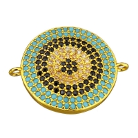 Коннектор Большой Круг Чёрные и Голубые фианиты, 19мм, цвет золото