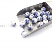 Керамическая бусина Шар 10мм, Синие цветы 