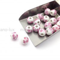Керамическая бусина Шар 10мм, розовые цветы