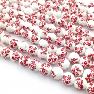 Керамические бусины Шар 10мм, Красные цветы; нить 35см