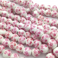 Керамическая бусина Шар 10мм, Розовые цветы; нить 33см