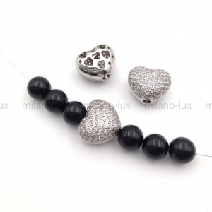 Бусина Сердце объёмное с фианитами, 15мм; цвет платина