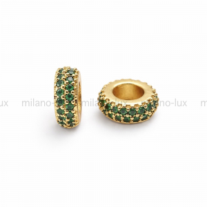 Спейсер бусина 2 ряда Зелёных фианитов, 7.5мм; цвет золото 
