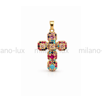 Подвеска Крестик 28мм на бейле с цветными фианитами; цвет золото