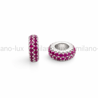 Спейсер бусина 2 ряда Рубиновых фианитов, 7.5мм; цвет платина