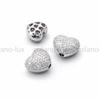 Бусина Сердце объёмное с фианитами, 15мм; цвет платина